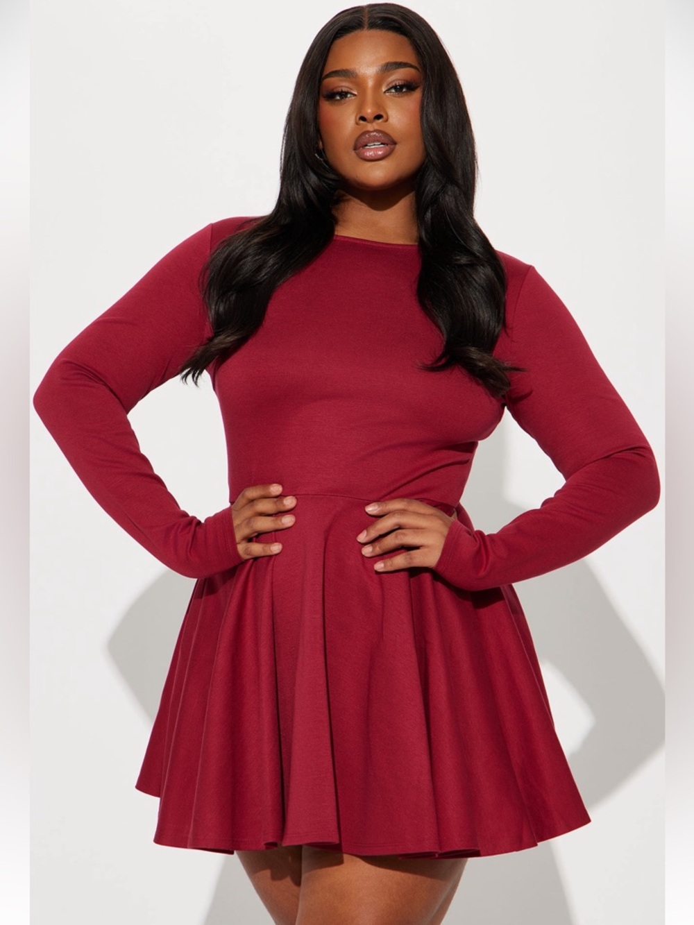 Fashion Nova Long Sleeve Fit-and-Flare Dress in Wine